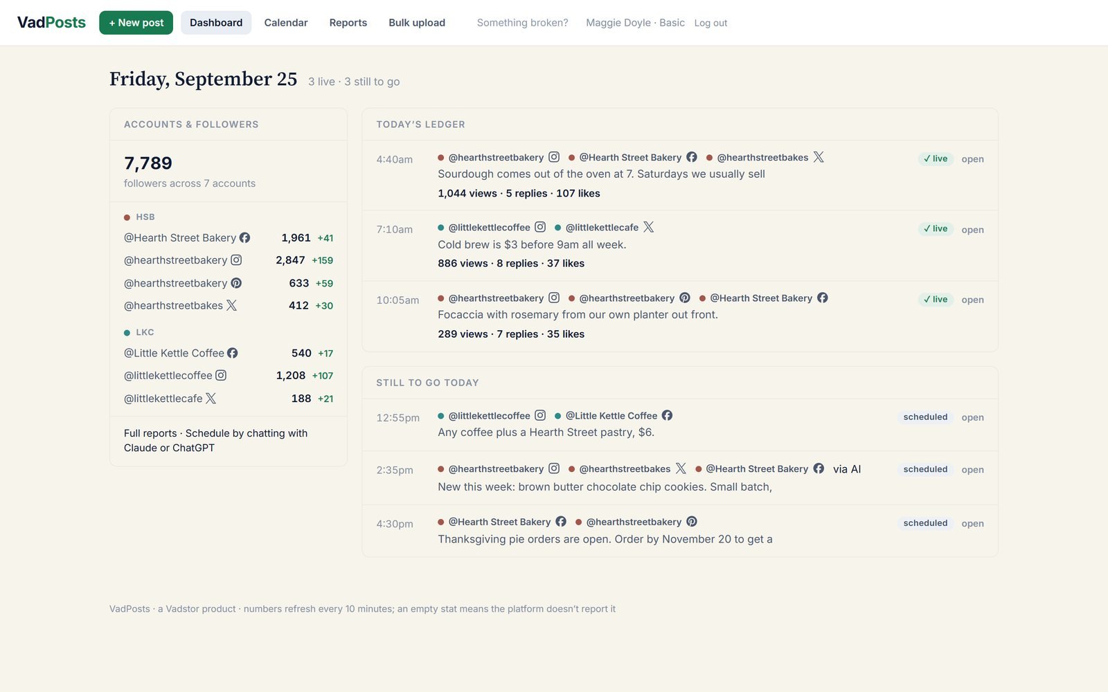 The VadPosts dashboard showing today's three published posts with their views and likes, three posts still to go, and follower counts for seven accounts