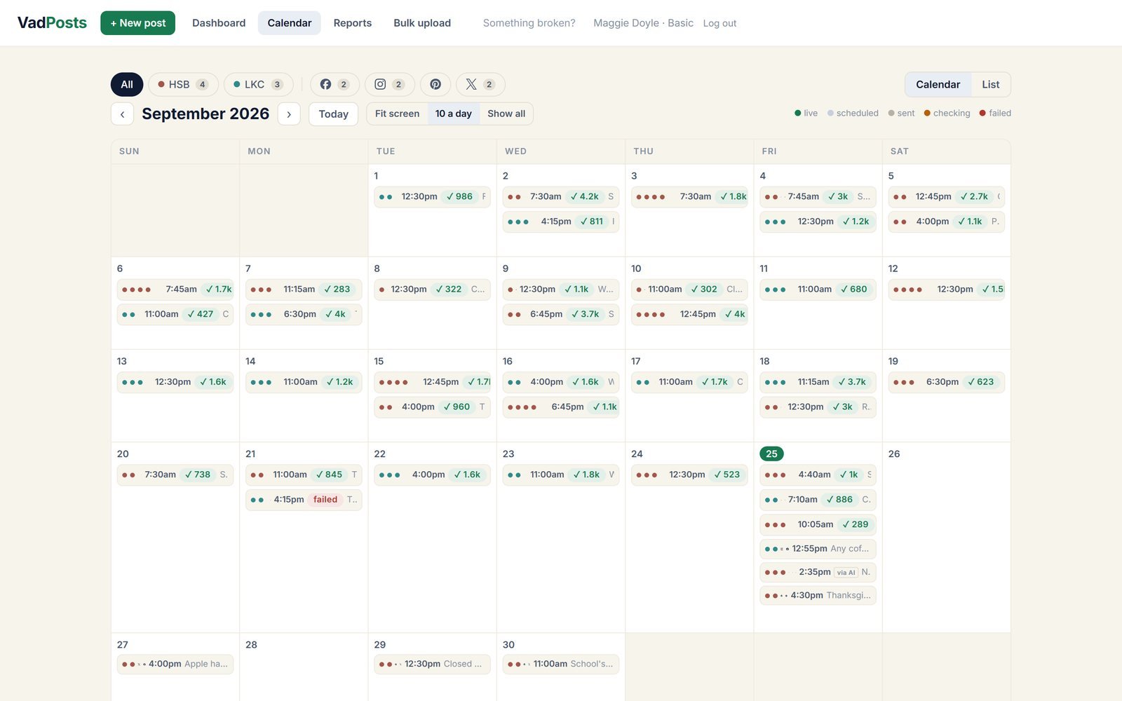 Month calendar for September with posts on most days, green checks showing view counts, and one failed post