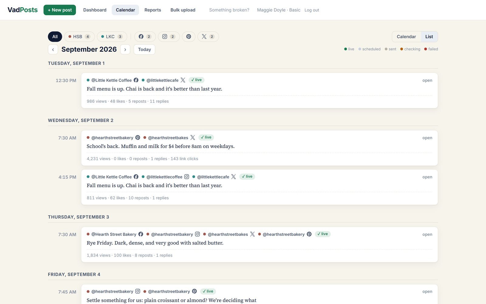 Calendar list view with each post, the accounts it went to, and its views, likes, reposts, replies and link clicks