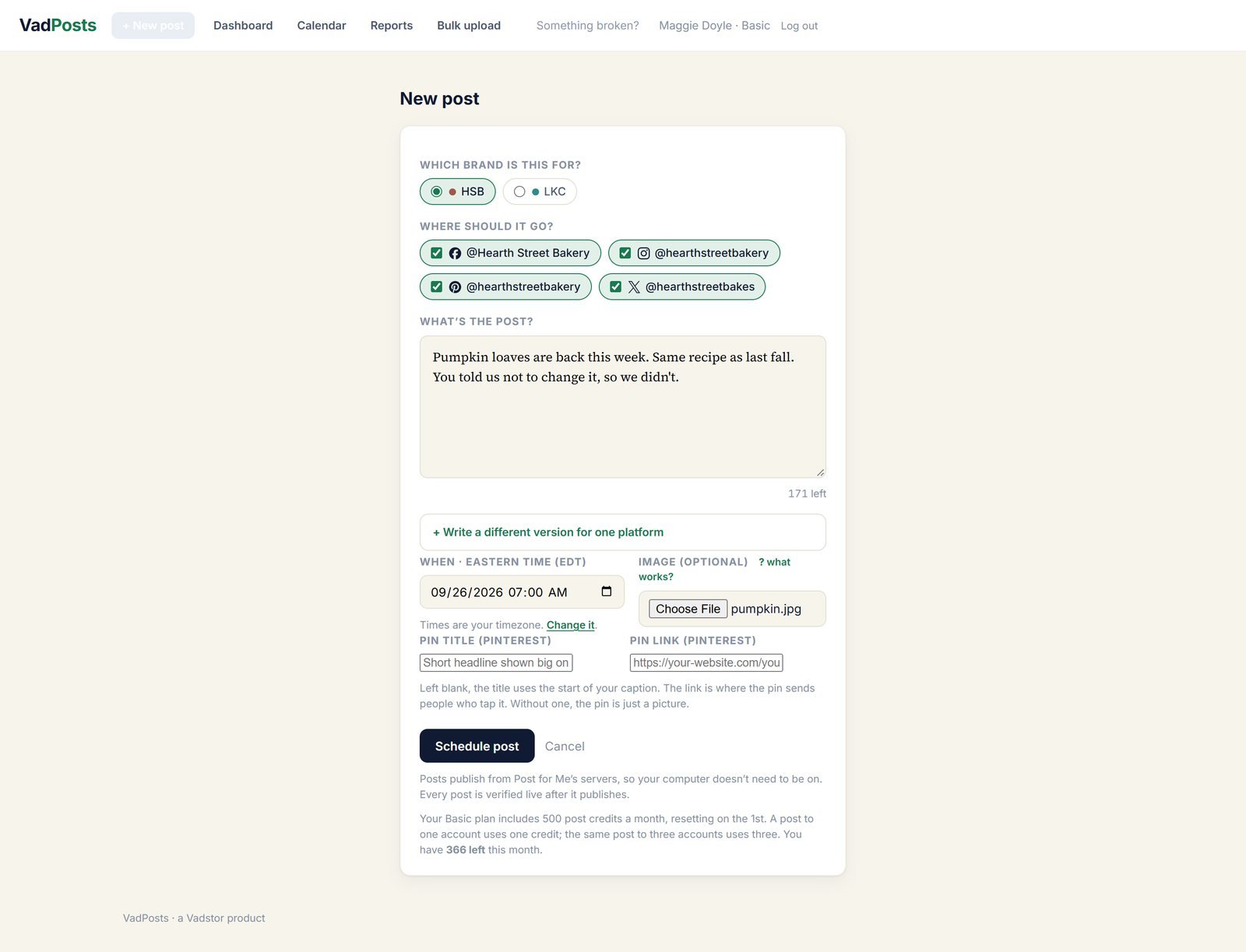 The new post form with the bakery brand chosen, four accounts ticked, a caption written, a time picked and an image attached