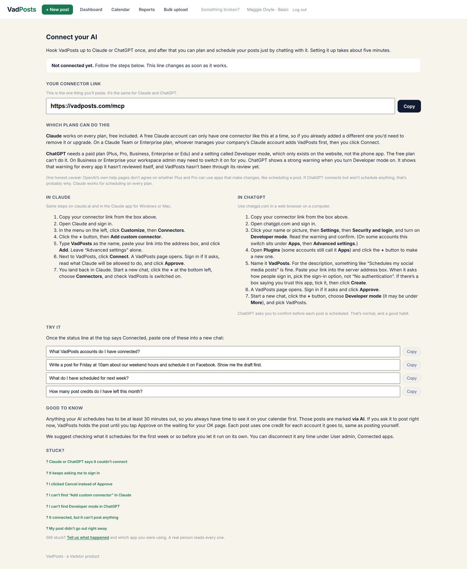 The Connect your AI page with the connector link and step by step setup for Claude and ChatGPT