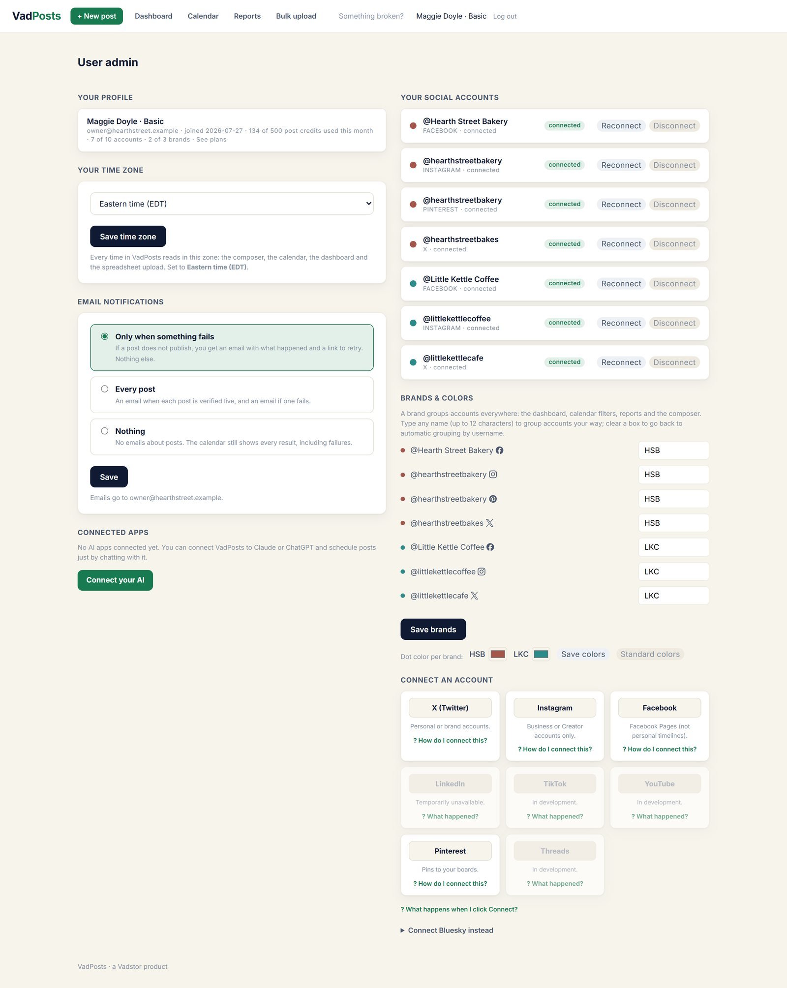 Account settings showing seven connected accounts grouped into two brands with their own colors